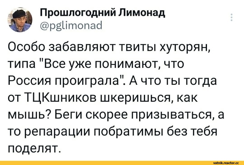 ﻿Прошлогодний Лимонад
@pgL¡monad
Особо забавляют твиты хуторян, типа "Все уже понимают, что Россия проиграла". А что ты тогда отТЦКшников шкеришься, как мышь? Беги скорее призываться, а то репарации побратимы без тебя поделят.,Я Ватник,# я ватник, ,разная политота,Ватные вбросы,ватные вбросы,